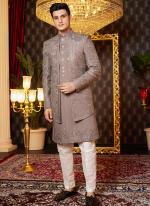 Art Silk Brown Wedding Wear Thread Work Readymade Indo Western Sherwani